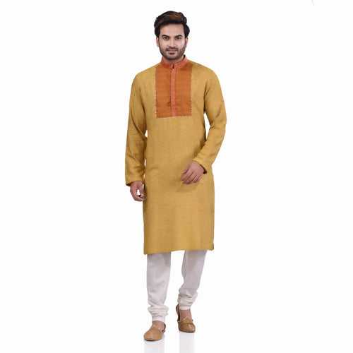 Nakshi Lime YellowTussar Viscose Gota Yoke Hand Block Print Men's Long Kurta