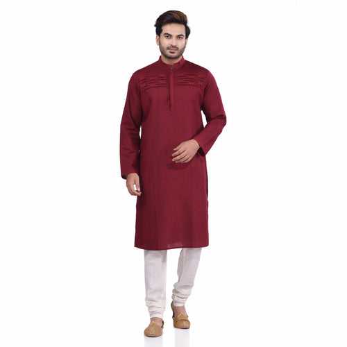 Nakshi Maroon Cotton Linen Pintuck and Hand Block Print Men's Long Kurta