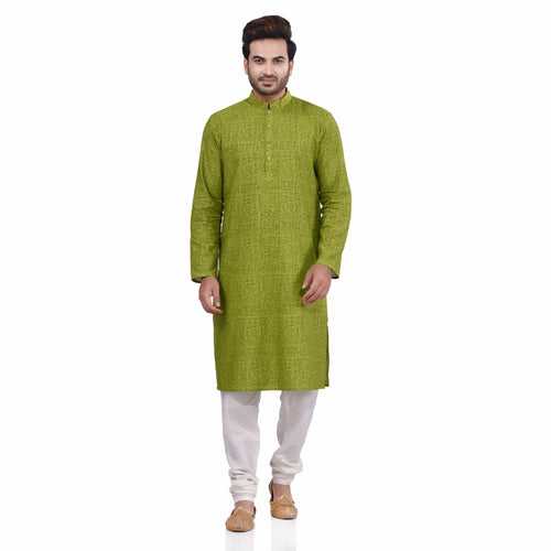 Nakshi Green Cotton Linen Hand Block Print Men's Long Kurta