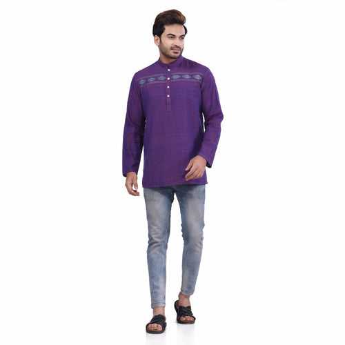 Nakshi Purple Handloom Cotton Self Stripe Patch Work Men's Short Kurta