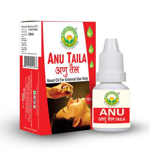 Basic Ayurveda Anu Taila 10 ml | It helps to treat problems affecting the ear | Nose | Head | It brings sound sleep otherwise disturbed by uneven breathing | Ability to cleanse the nasal passage.