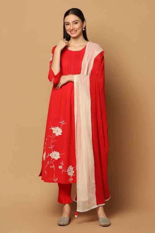 Red Floral Applique Kurta Set