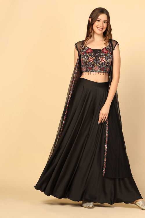 Black Hand Embroidered Sharara Set with a Net Cape