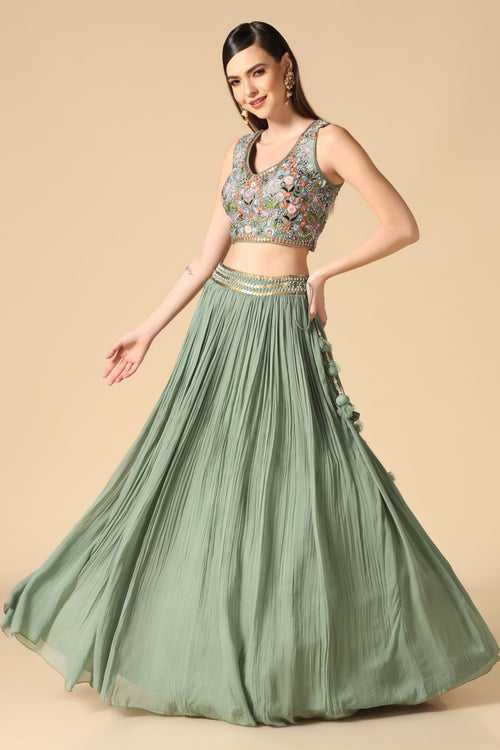 Sage Green Embroidered Cape & Lehenga Set