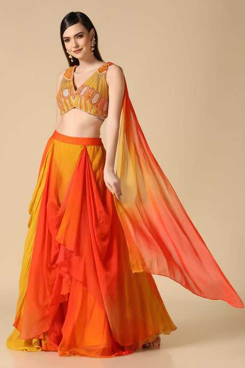 Yellow & Orange Embroidered Ombre Lehenga Set