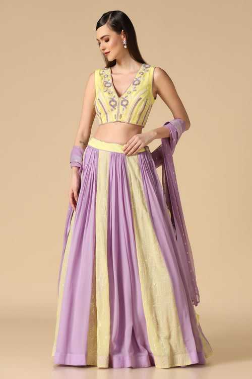 Lilac & Yellow Embroidered Lehenga Set