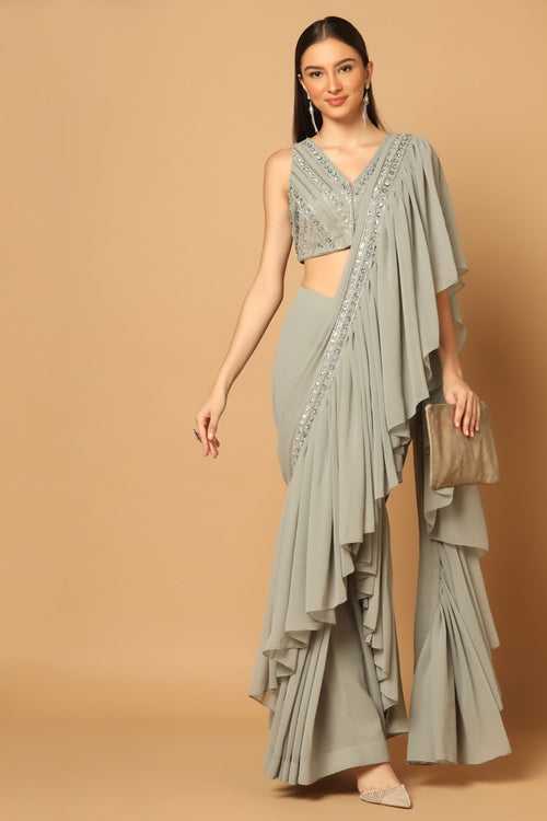 Grey Ruffled Draped Saree with an Embroidered Blouse