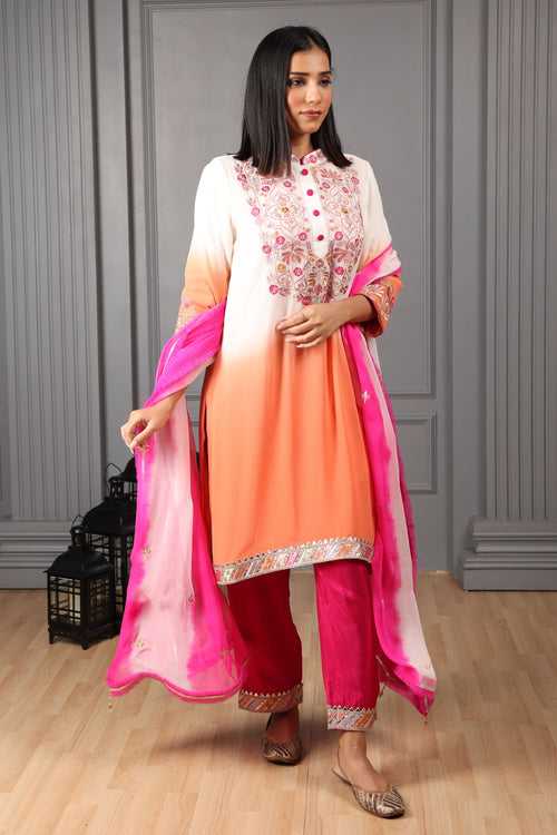 Orange & Off-White Embroidered Ombre Kurta Set