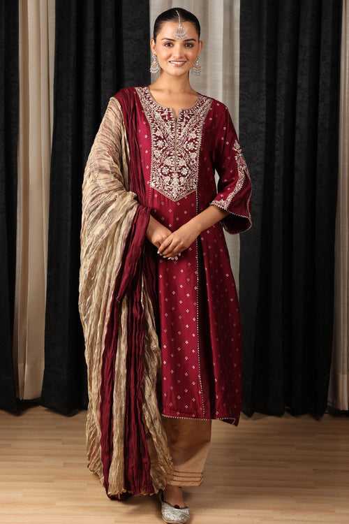 Maroon Embroidered Kurta with Beige Pants