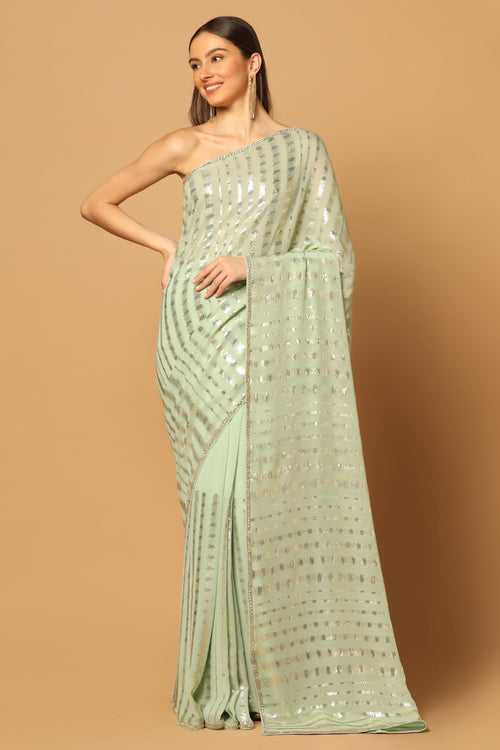 Mint Green Embroidered Sequins Saree