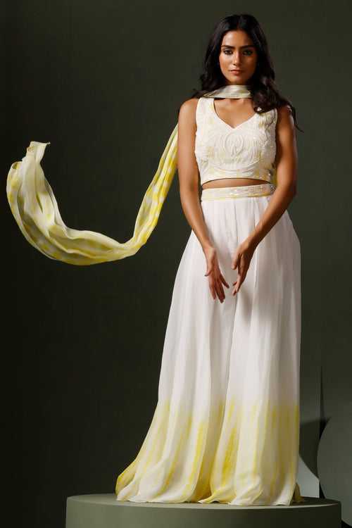 White & Yellow Crop Top Sharara Set