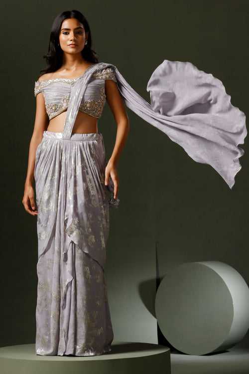 Lilac Foil Print Drape Saree