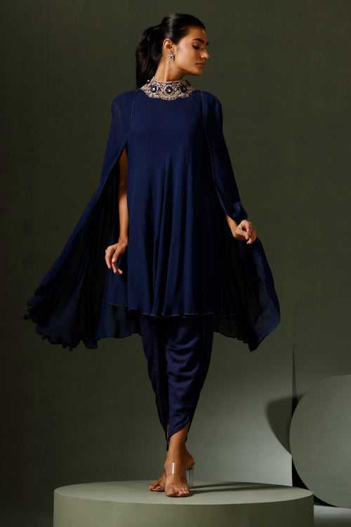 Blue Jeweled Neck Cape with Tulip Pants