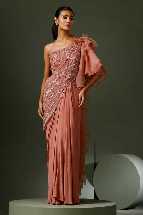 Dusky Pink Organza Drape Saree