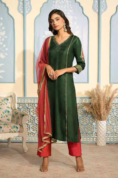 Embroidered Bottle Green Kurta with Scarlet Pants
