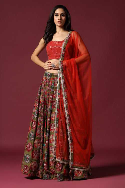 Red & Olive Lehenga Set