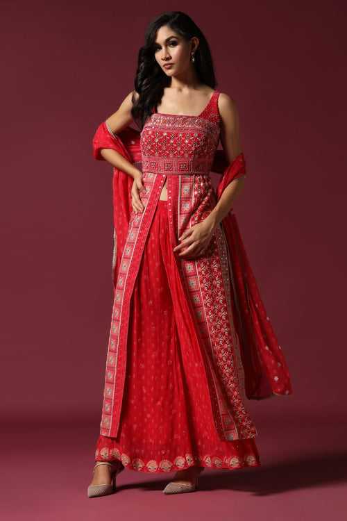 Red Printed & Embroidered Sharara Set