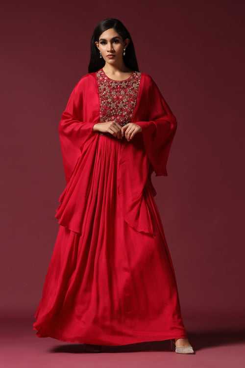 Hot Pink Kaftan Sleeve Embroidered Gown