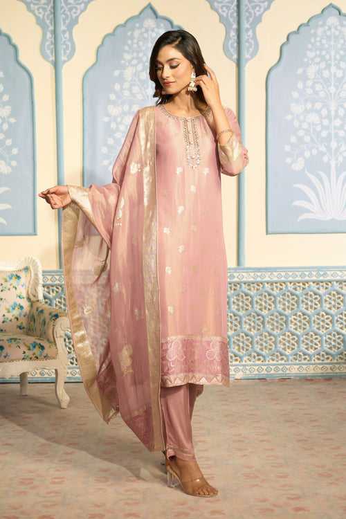 Embroidered Pink Banarasi Kurta Set with Gold Embroidery