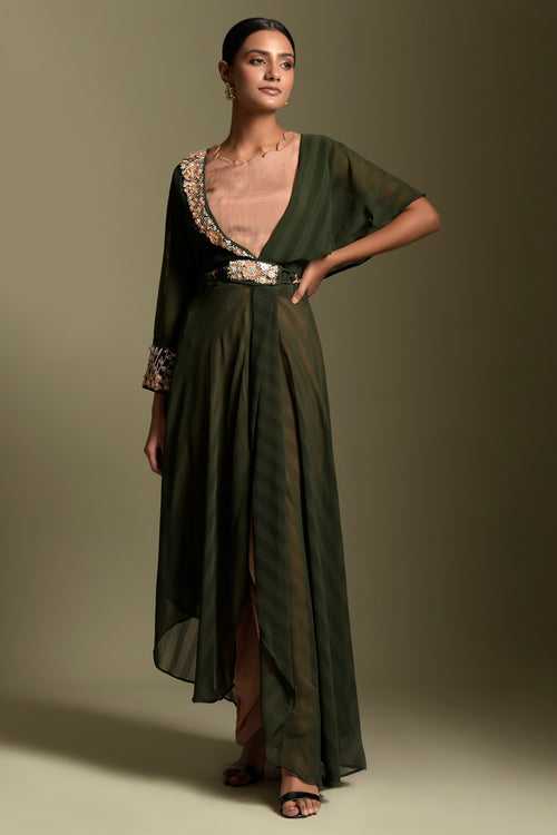 Olive Green Chiffon Cape Set