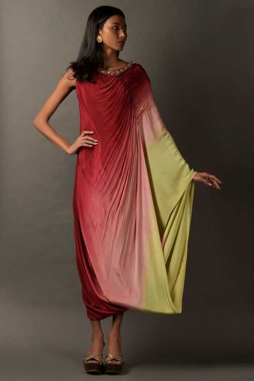 Multicolored Ombre Satin Embroidered Dress