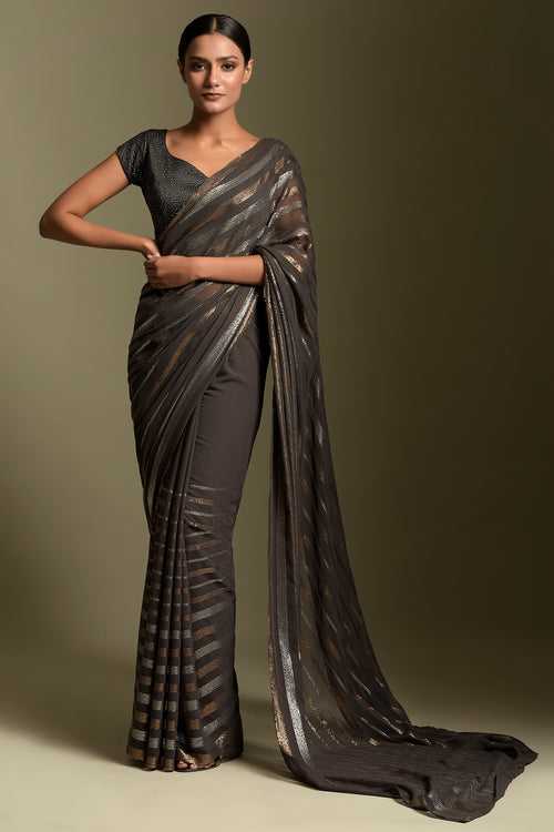 Grey Embroidered Saree Set