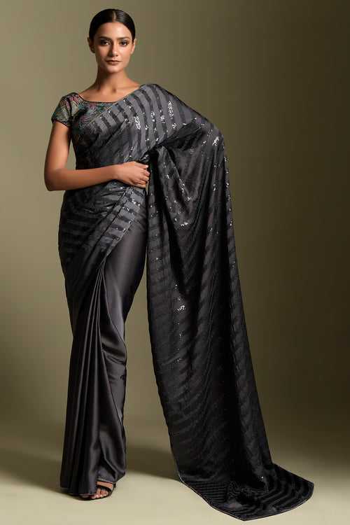 Grey Embroidered Saree Set with A Multicolored Blouse