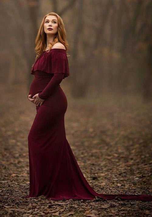 Rent A Burgundy Off-Shoulder Backless Elegant Long Sleeves Maternity Dress. .