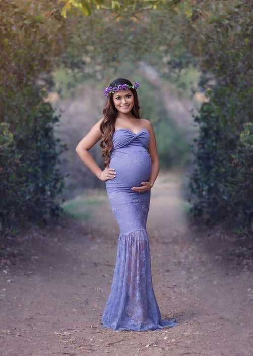 Rent A Powder Blue Decent Tube Neckline With Overlapping With Floral Net Maternity Gown