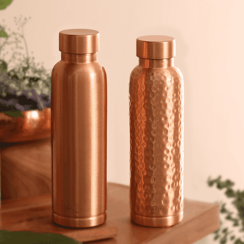 Copper Water Bottle | Plain & Hammered | 1 L | Set of 2