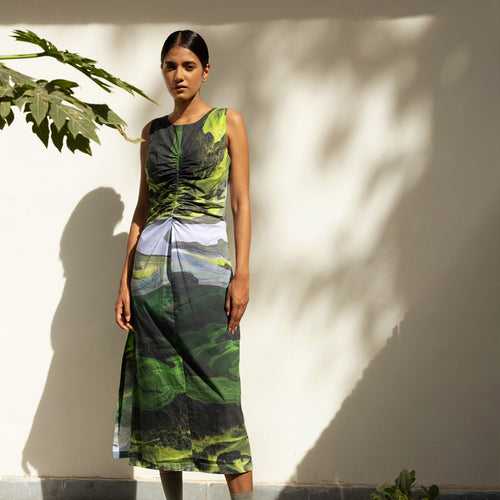 Upcycled Cotton Printed Midi Dress | Green | Side Slit