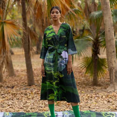 Upcycled Cotton Printed Dress for Women | Green | Oversized