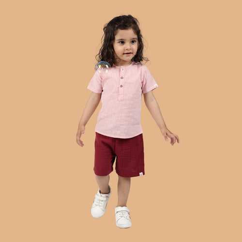 Cotton Kurta Shirt with Resort Short | Pink & Burgundy