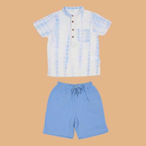 Cotton Band Collar Kurta Shirt with Short for Kids | Blue