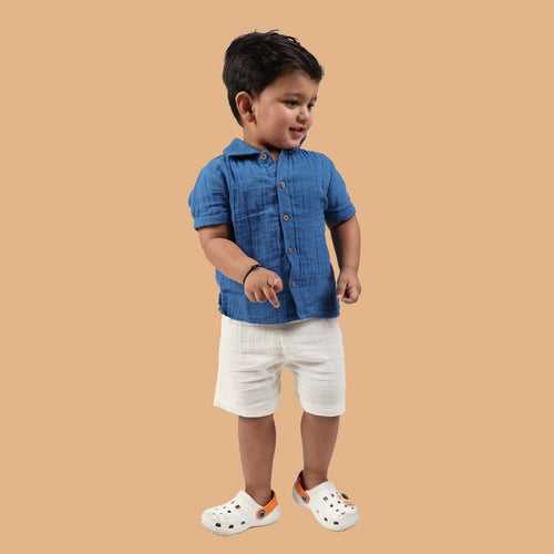 Cotton Collar Shirt with Short for Kids | Greek Blue & White