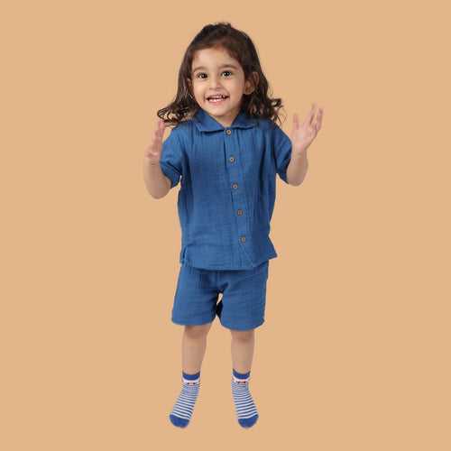 Cotton Collar Shirt with Short for Kids | Greek Blue
