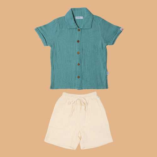 Cotton Collar Shirt with Short for Kids | Sea Weed & White