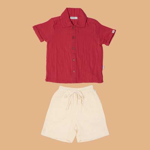 Cotton Collar Shirt with Short for Kids | Nobel Red & White