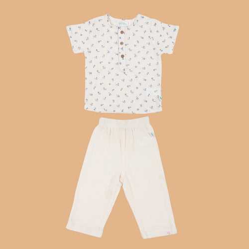 Cotton Kurta Shirt with Pant for Kids | Blue & White