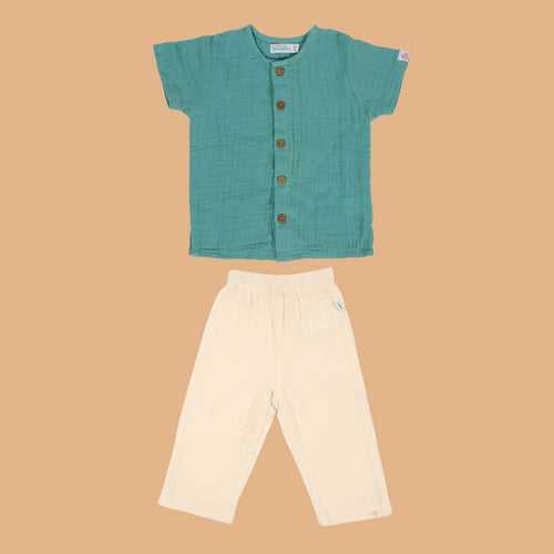 Cotton Kurta Shirt with Pant for Kids | Sea Weed & White
