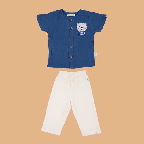 Cotton Kurta Shirt with Pant for Kids | Blue & White