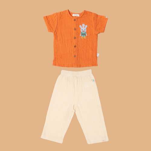 Cotton Kurta Shirt with Pant for Kids | Orange & White