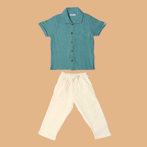 Cotton Collar Shirt with Pant for Kids | Sea Weed & White