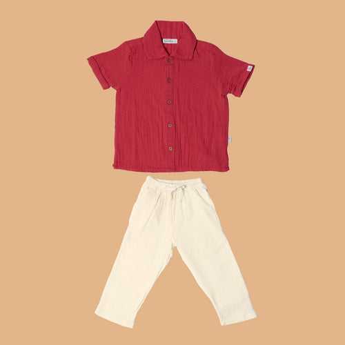 Cotton Collar Shirt with Pant for Kids | Nobel Red & White