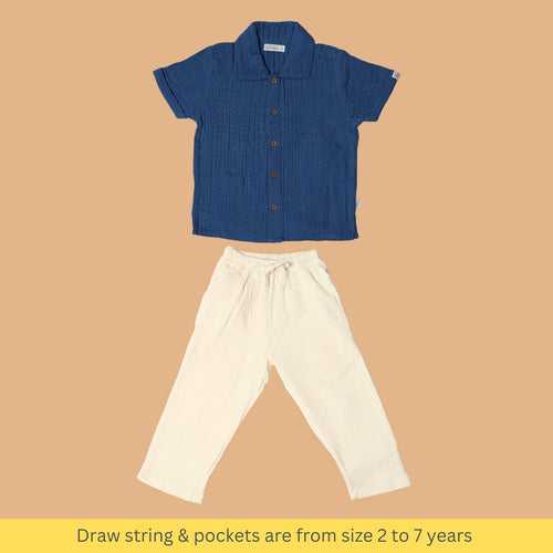 Cotton Collar Shirt with Pant for Kids | Greek Blue & White