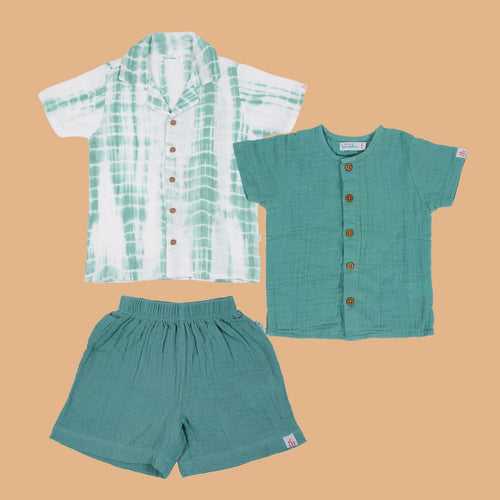 Front Open & Collar Shirt with Shorts | Sea Weed | Set of 3
