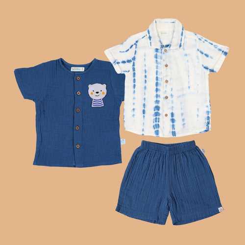 Front Open & Collar Shirt with Shorts | Greek Blue | Set of 3