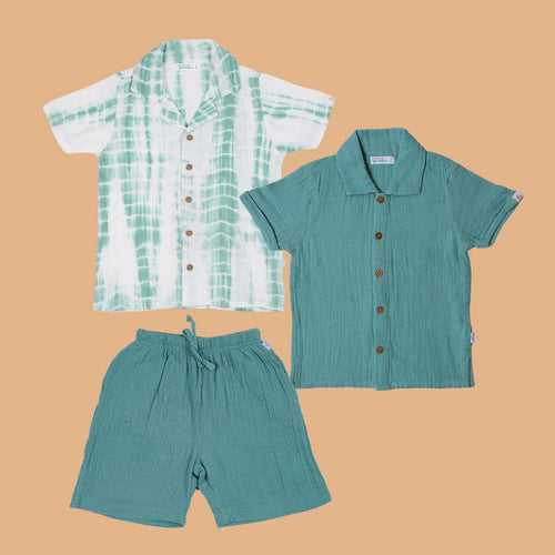Cotton Collar Shirt with Shorts | Sea Weed | Set of 3