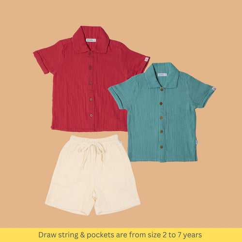 Cotton Collar Shirt with Shorts | Multicolour | Set of 3