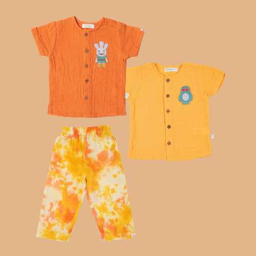 Front Open Shirt with Pant | Orange & Yellow | Set of 3
